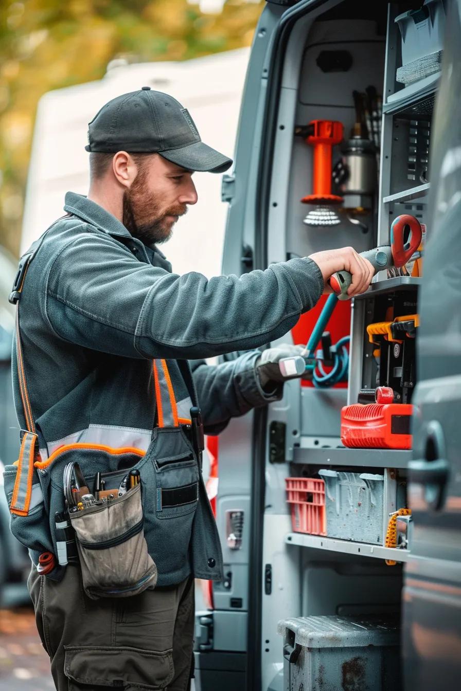 Plumber loading tools into an emergency service van, highlighting our 24/7 plumbing response readiness