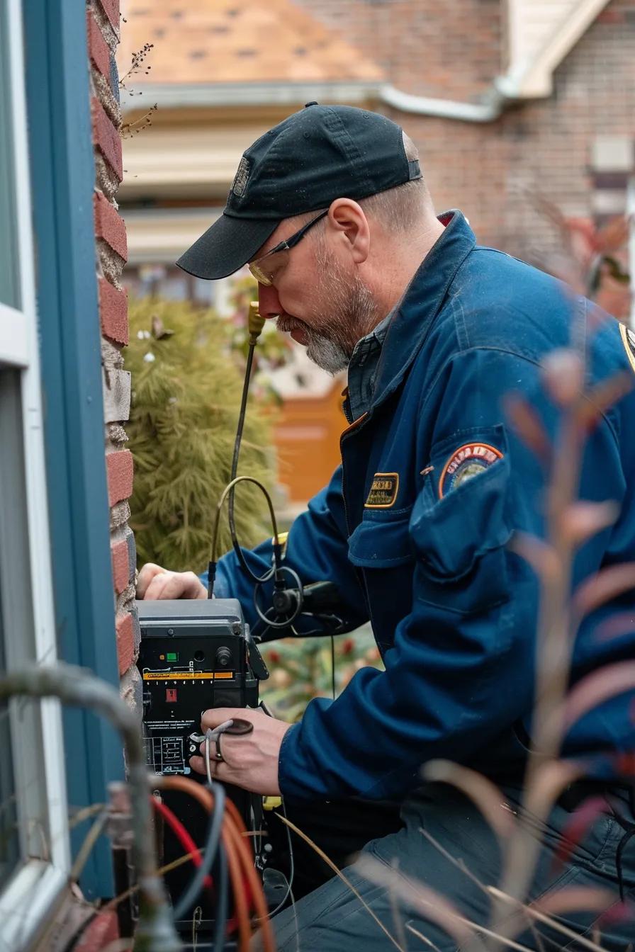 A technician using specialized equipment to detect a gas leak in a residential setting