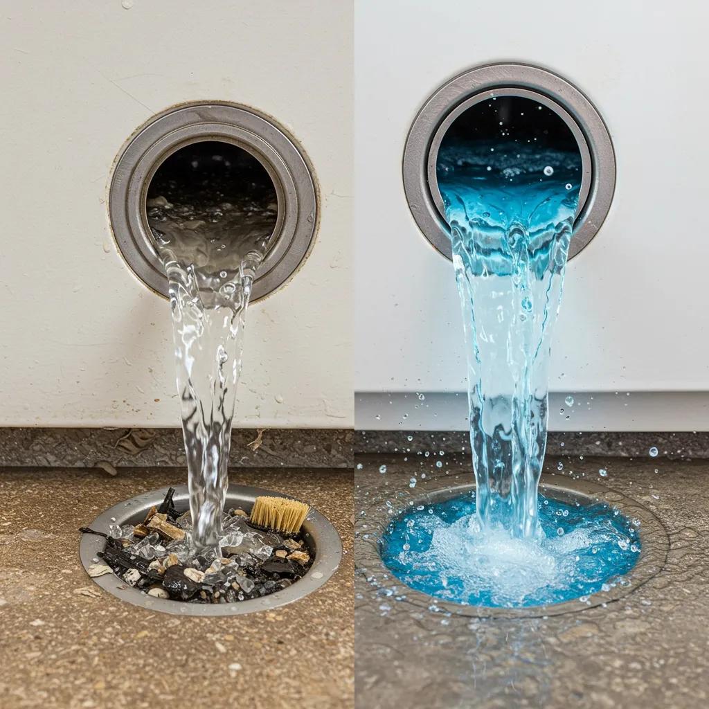 Side-by-side comparison of a clogged drain and a clear drain, illustrating the advantages of professional drain cleaning