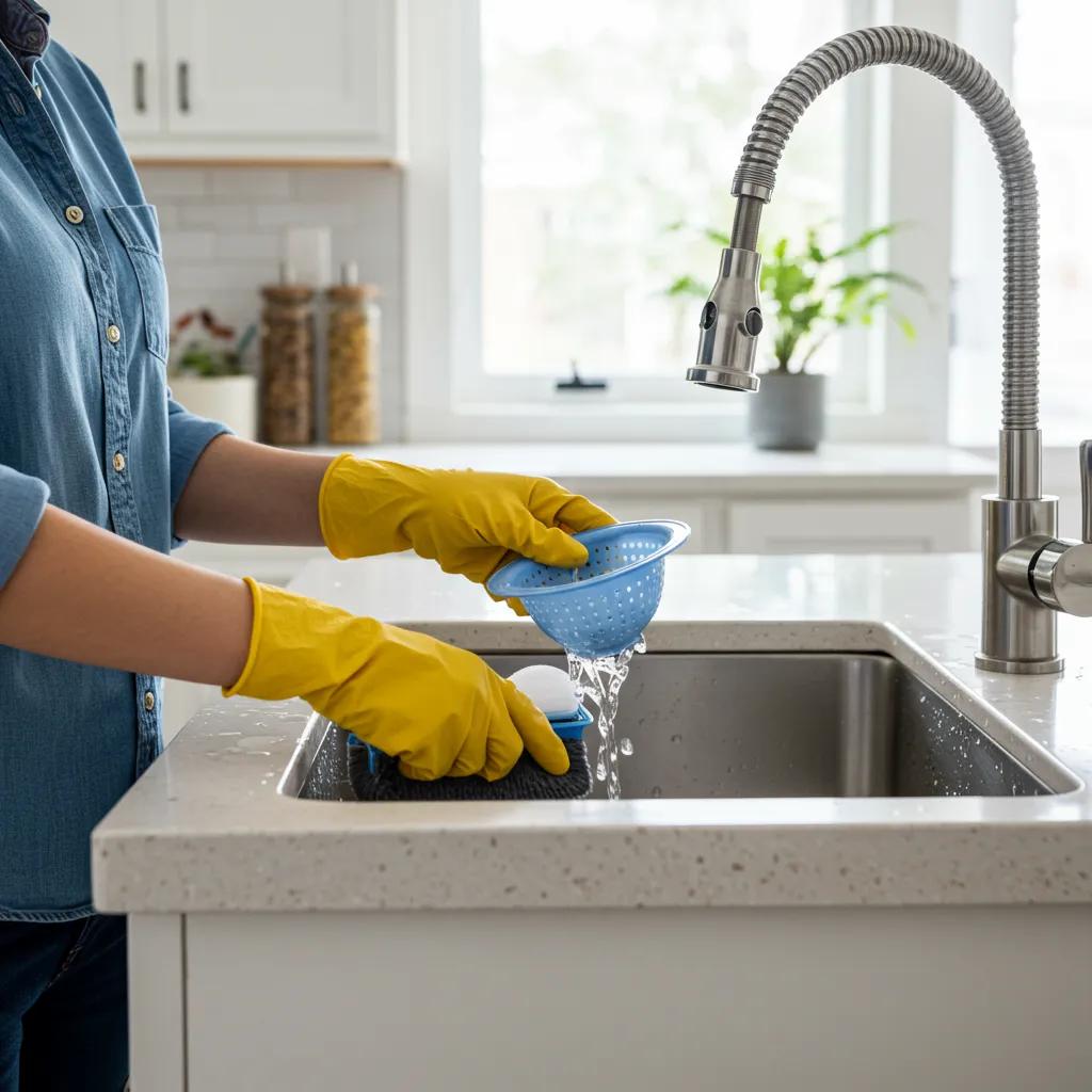 Homeowner performing regular drain maintenance in a bright kitchen