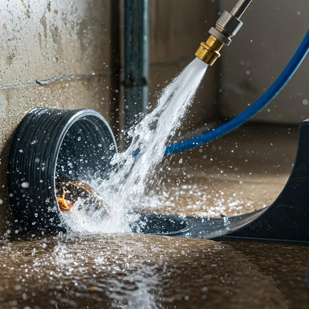 High-pressure hydro-jetting machine clearing a stubborn drain clog