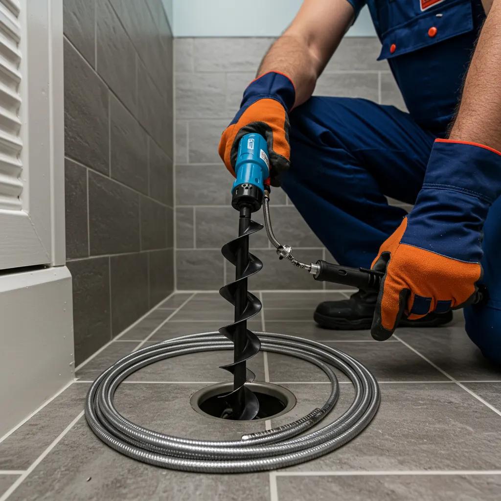 Plumber using a drain snake to clear a bathroom clog