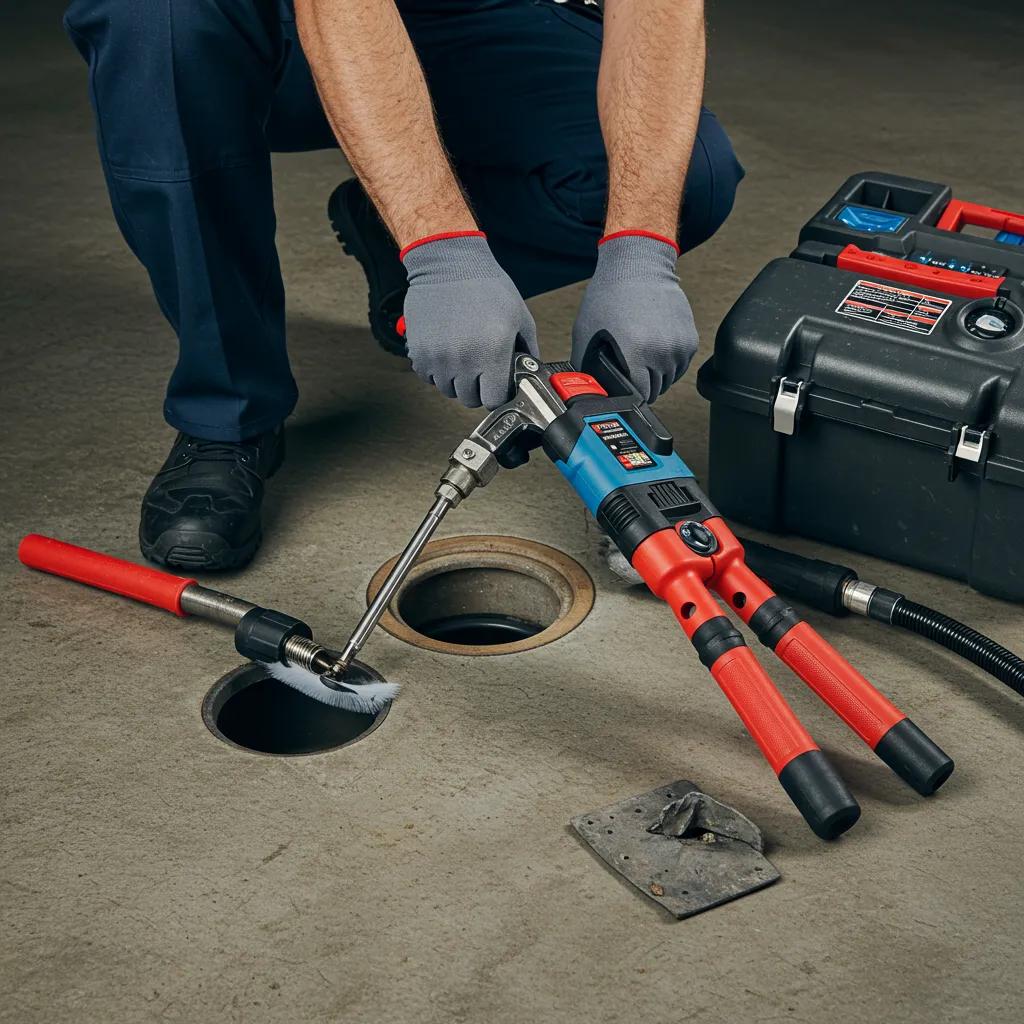 Professional plumber cleaning a drain with advanced tools, showcasing expertise in drain cleaning services