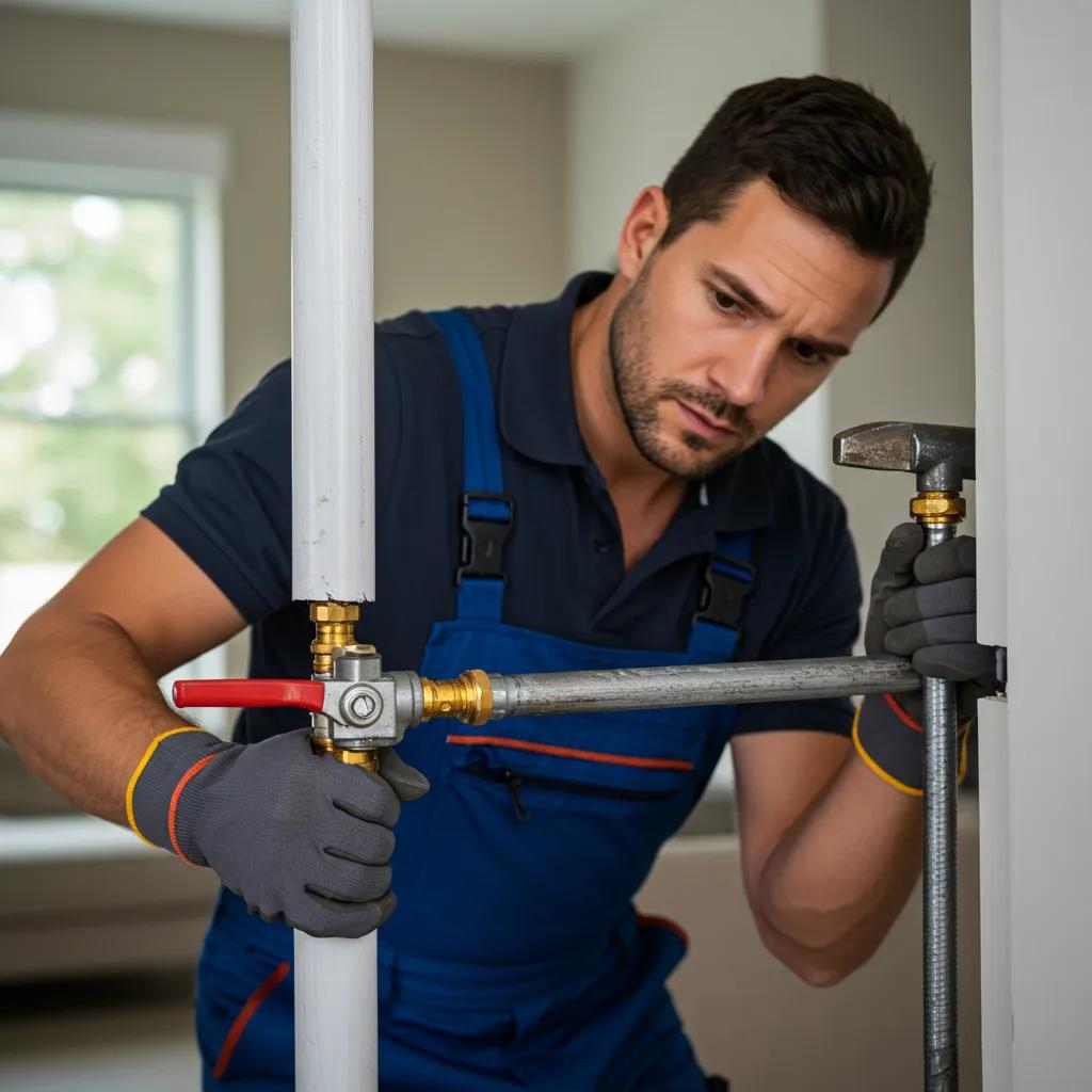 Professional plumber repairing a burst pipe in a residential home, showcasing emergency plumbing services