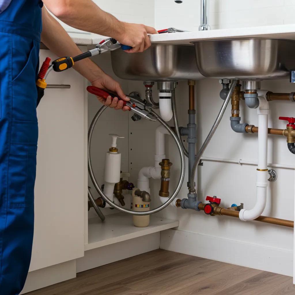 Expert plumber fixing a residential sink, showcasing our plumbing skills and dependable service