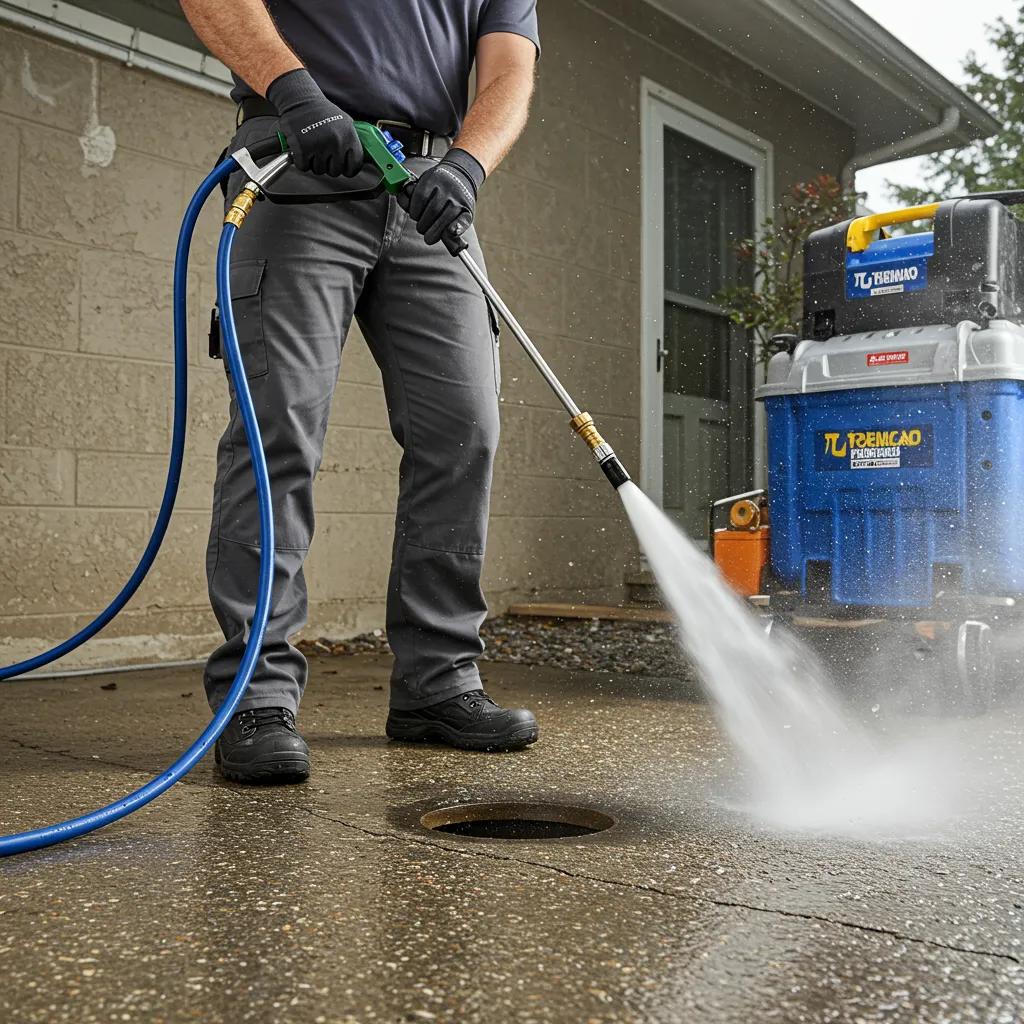 Professional plumber using hydro jetting equipment for effective drain cleaning