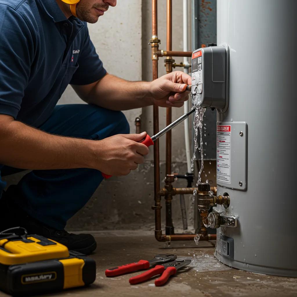 Technician examining a leaking water heater, emphasizing the need for emergency repair services