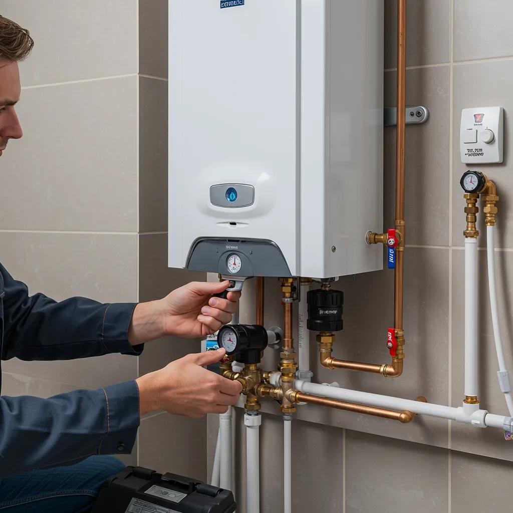 Technician installing a tankless water heater, demonstrating our professional plumbing installation services