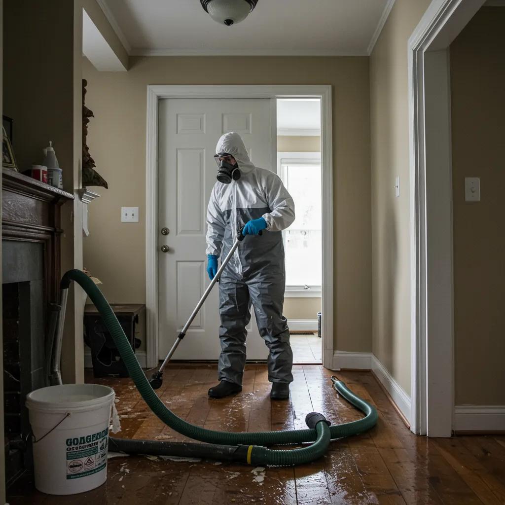 A technician managing a sewer backup cleanup in a residential neighborhood