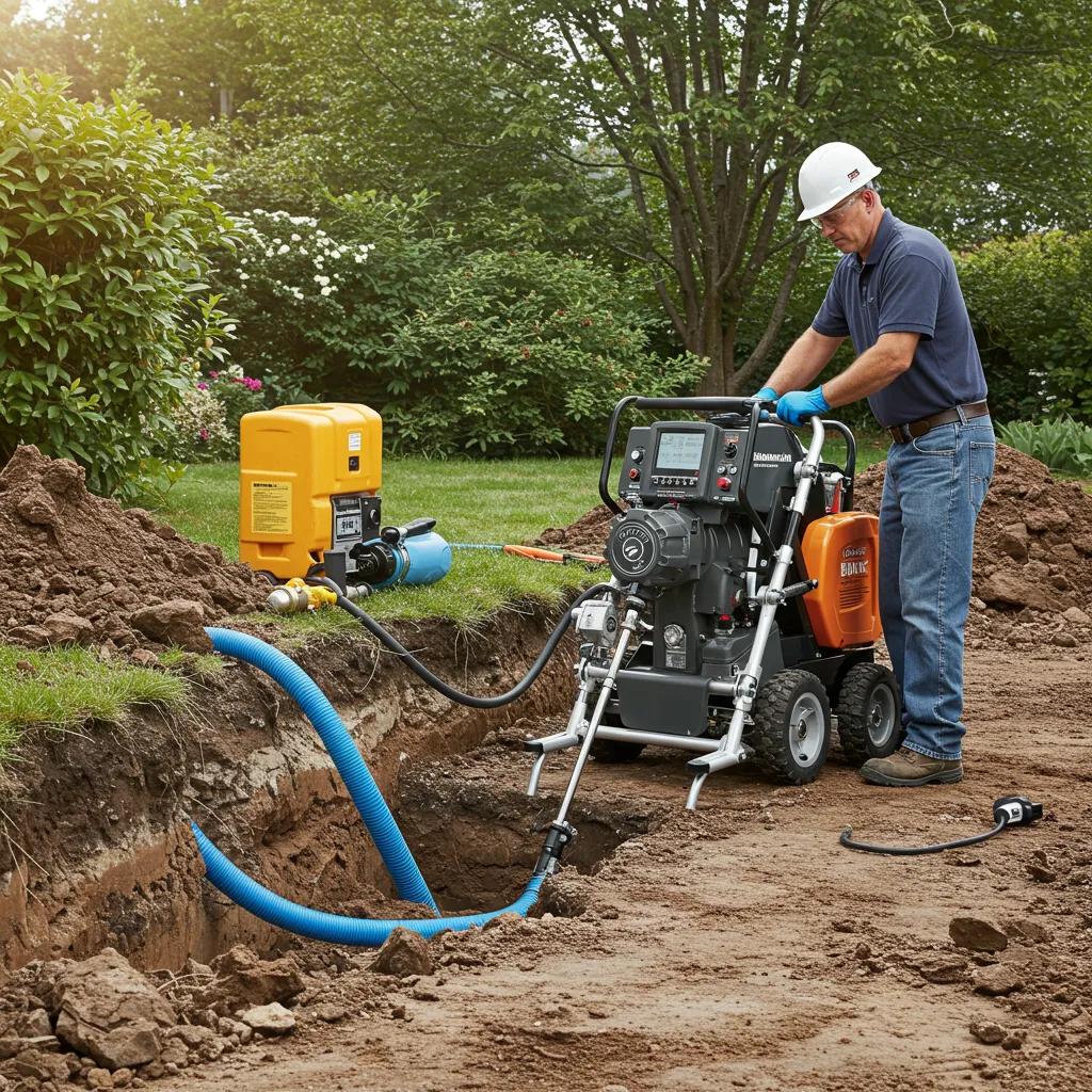 Technician performing trenchless sewer repair with advanced equipment