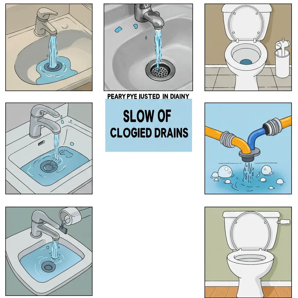 Visual signs of clogged drains including slow drainage and gurgling toilets