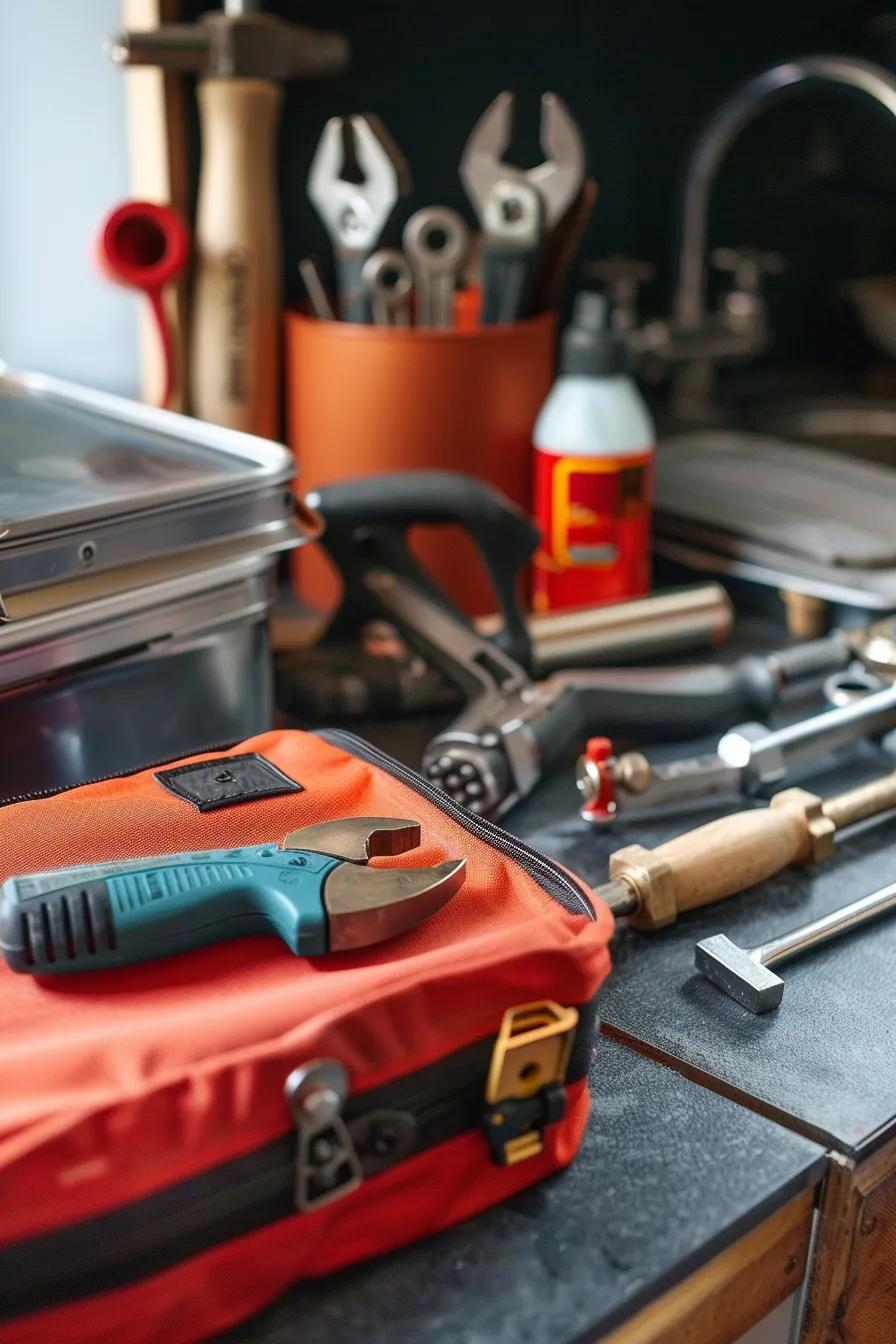 An emergency preparedness kit for plumbing issues, featuring essential tools and supplies for homeowners