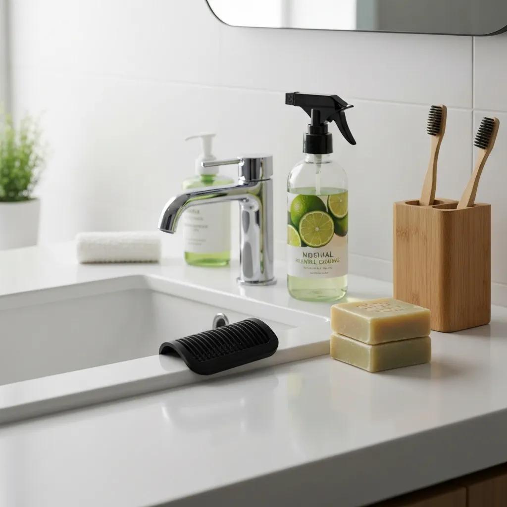 Clean bathroom sink with hair catcher and natural cleaning products, emphasizing bathroom clog prevention