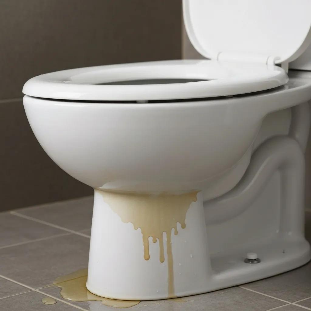 Close-up of a toilet leak with water pooling around the base, showing common warning signs