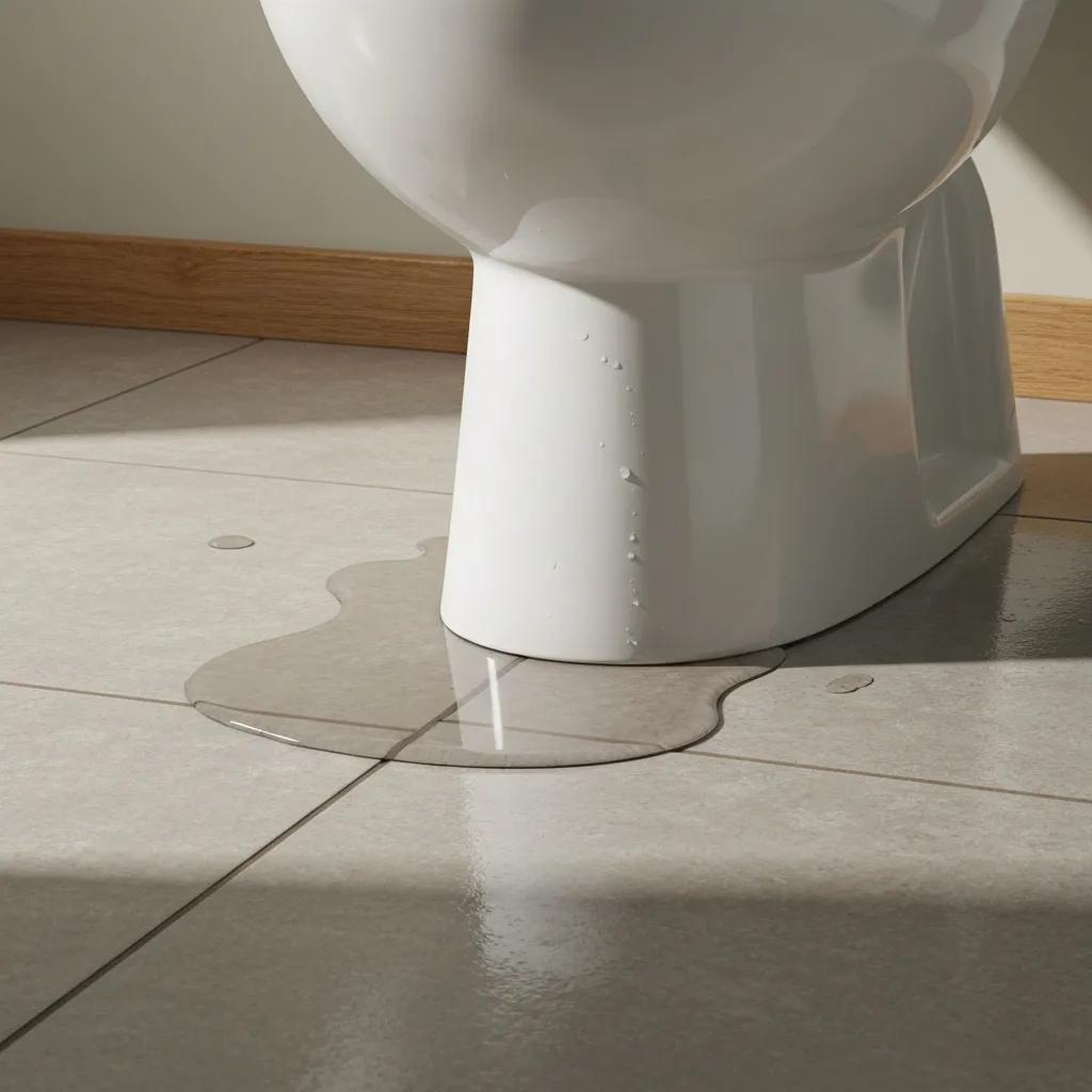 Close-up of toilet base with water on the floor — possible leak