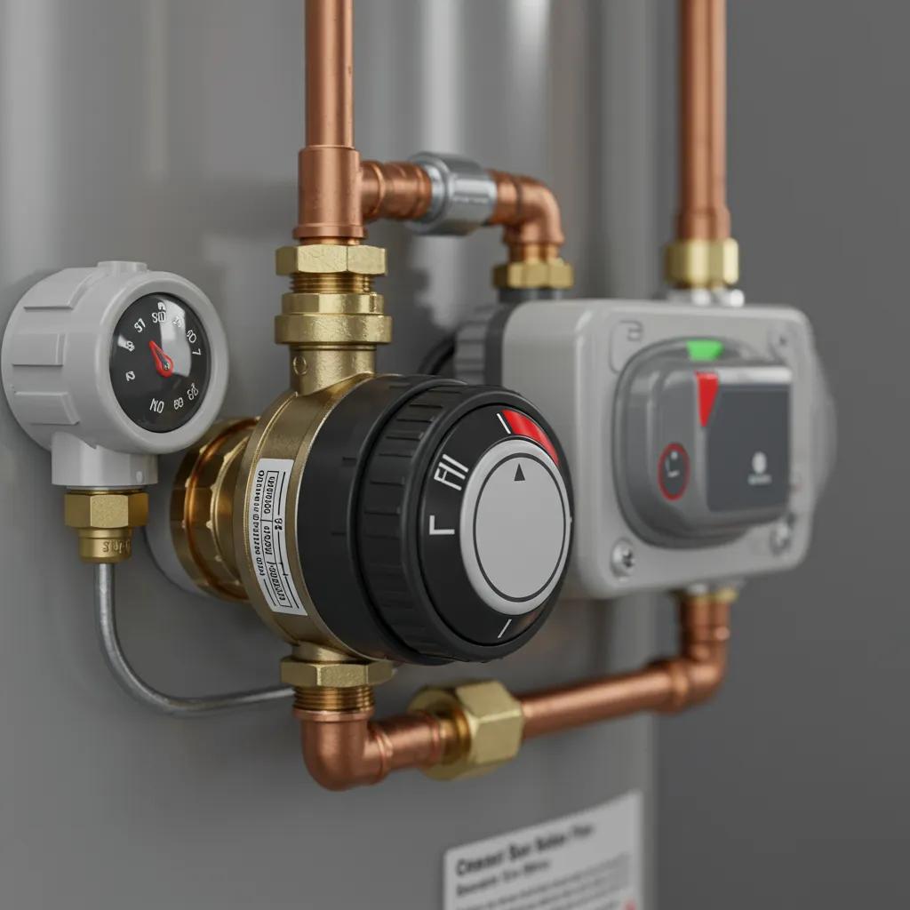 Close-up of modern water heater safety features, emphasizing temperature and pressure relief systems