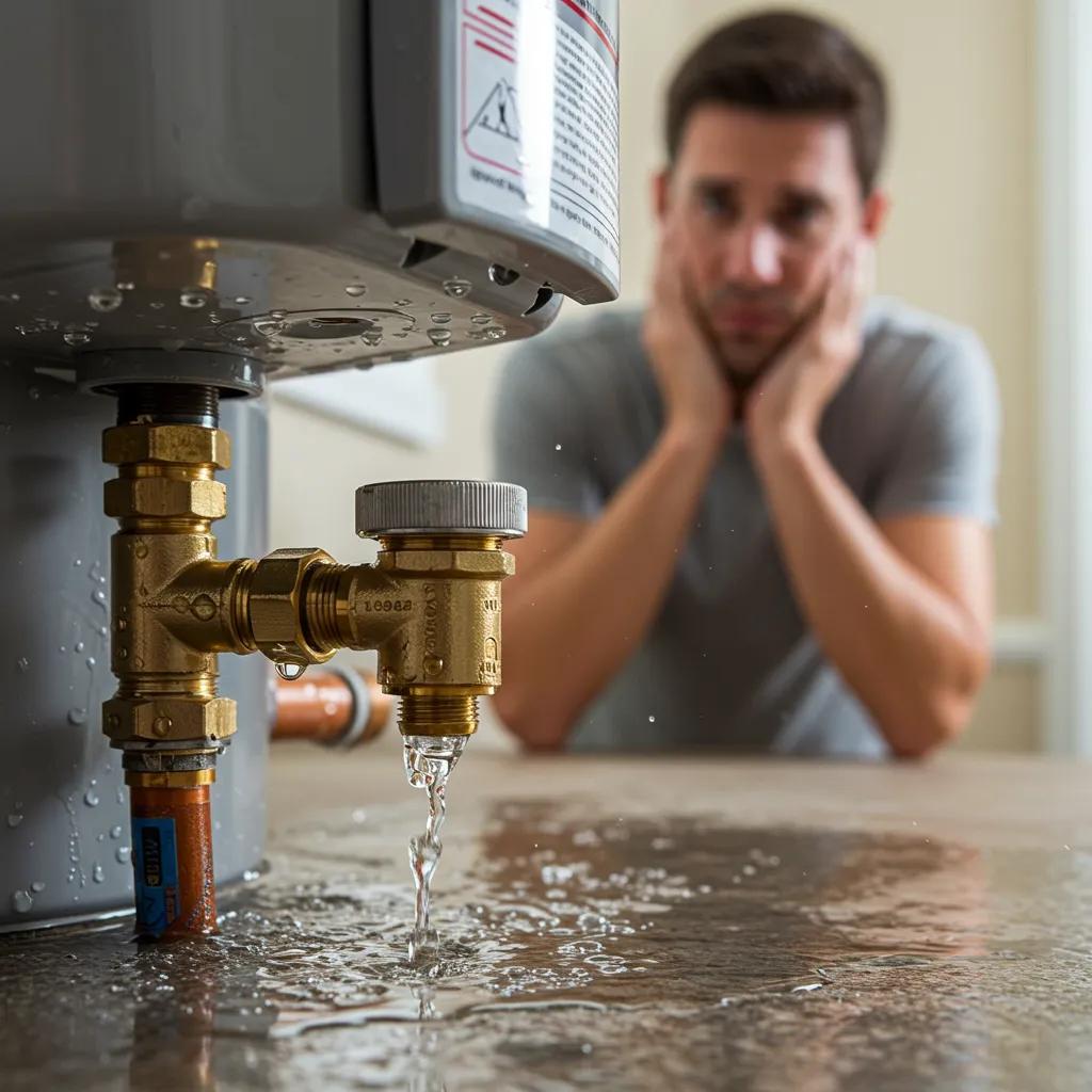 Close-up of water heater with visible leaks, highlighting the need for immediate attention