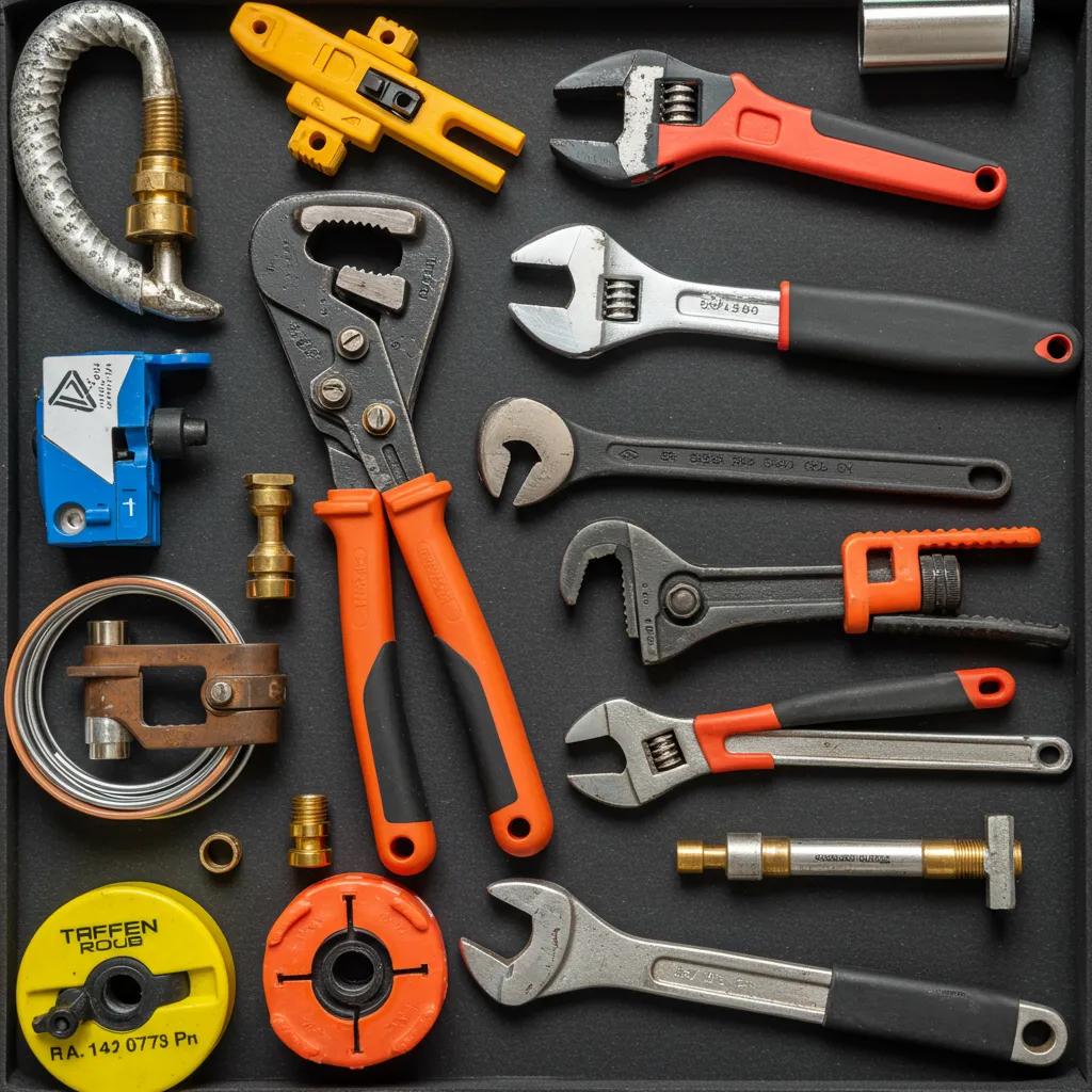 Essential tools and materials for water heater installation displayed neatly