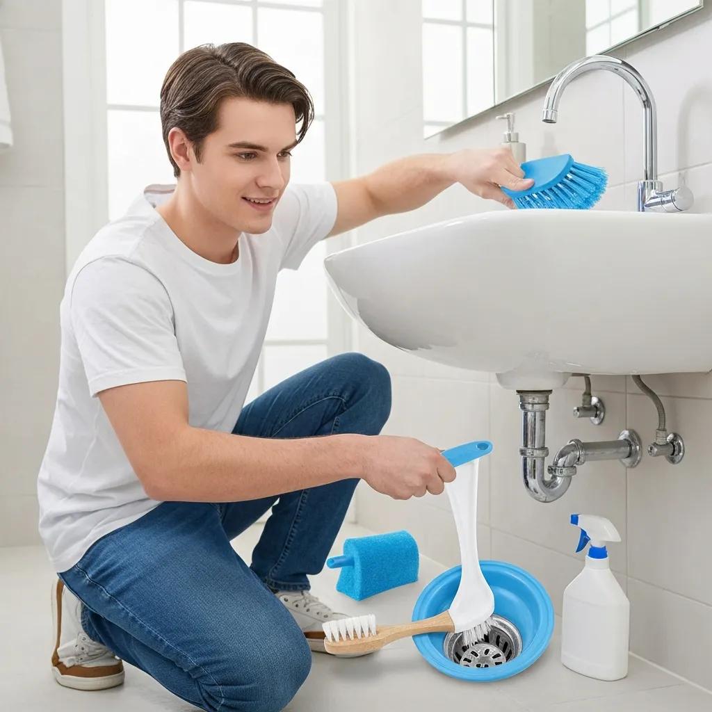 Homeowner wiping sink and emptying a drain guard to prevent bathroom clogs