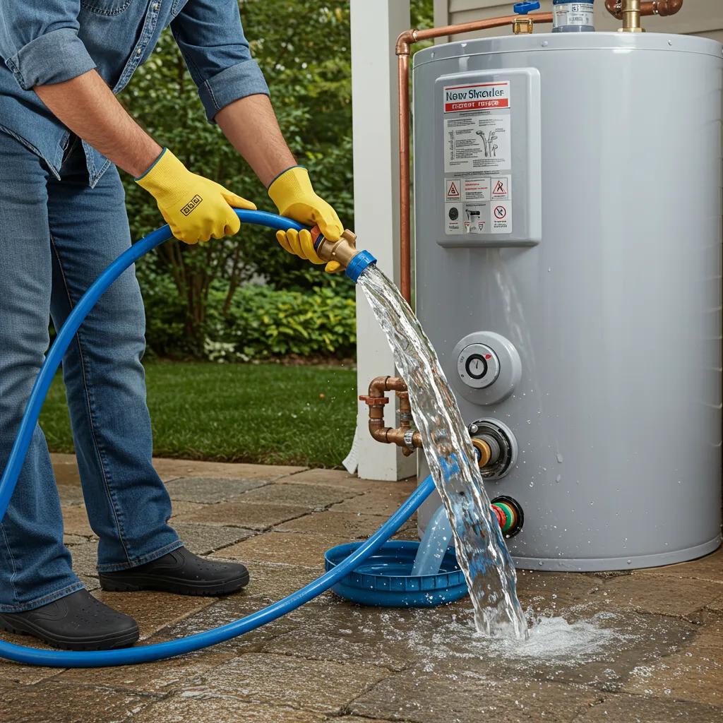 Homeowner flushing a water heater with a garden hose, demonstrating safe maintenance practices