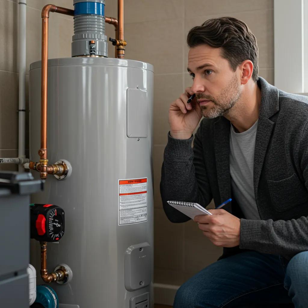 Homeowner inspecting water heater for unusual noises, emphasizing proactive maintenance