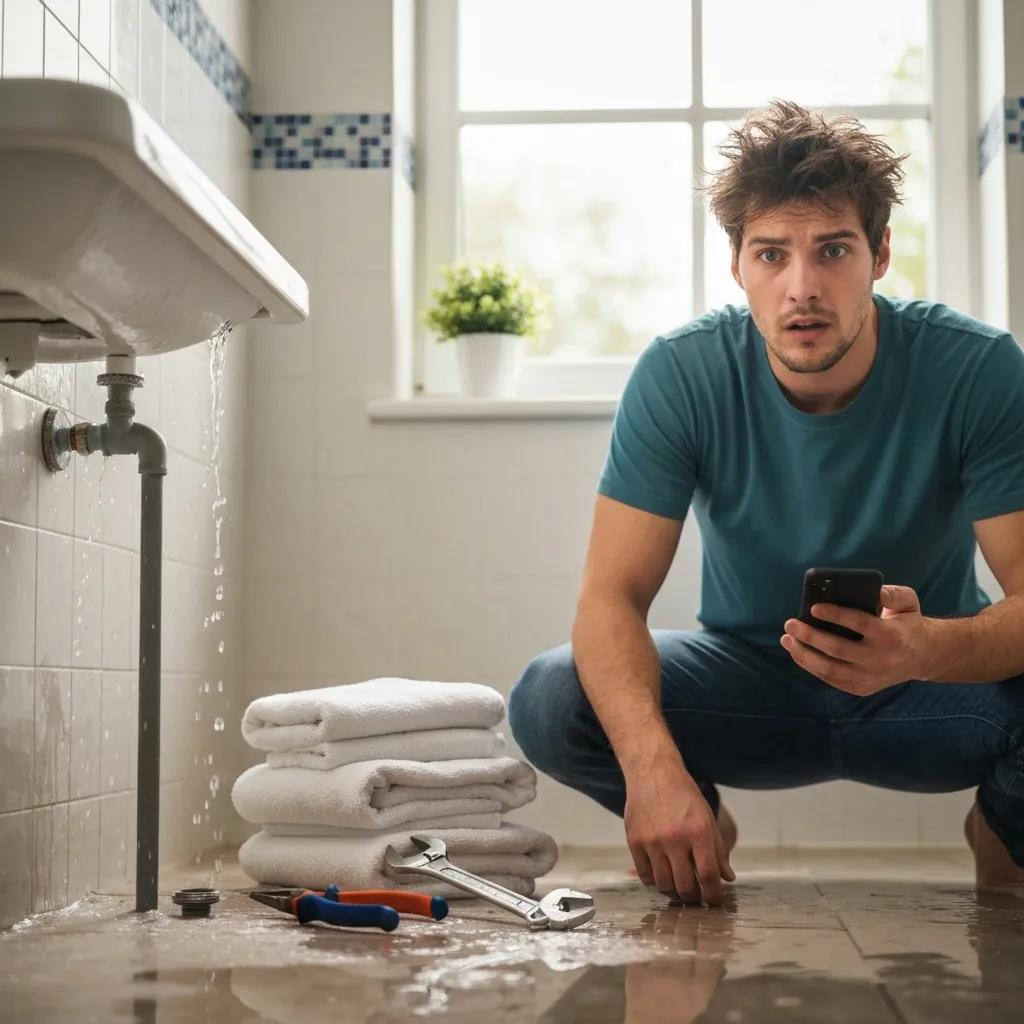 Homeowner preparing the area for an emergency plumber — clearing space and documenting the issue