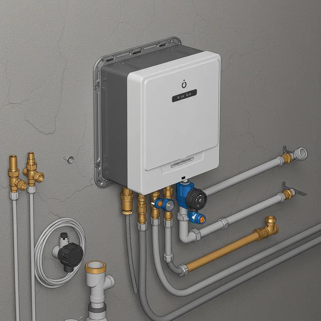Installation of a tankless water heater with visible plumbing and electrical connections