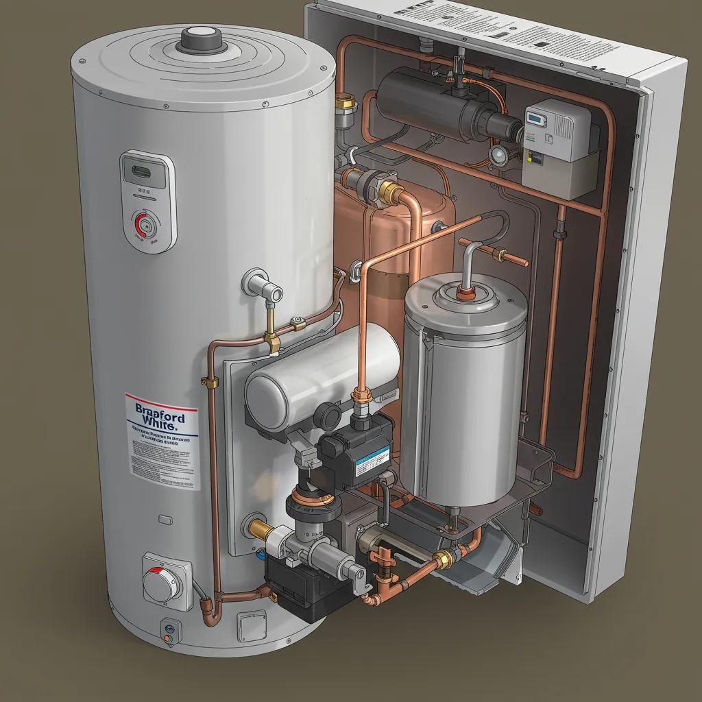 Internal components of a Bradford White water heater showcasing efficiency technologies