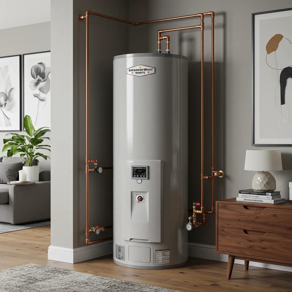 Modern Bradford White water heater in a stylish home setting, emphasizing durability and efficiency