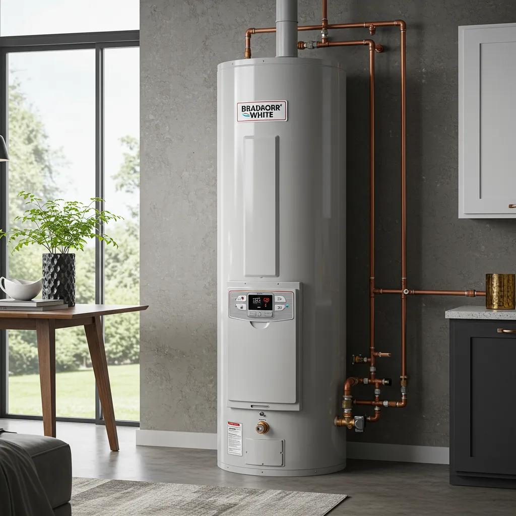 Modern Bradford White water heater in a stylish home setting, highlighting efficiency and design