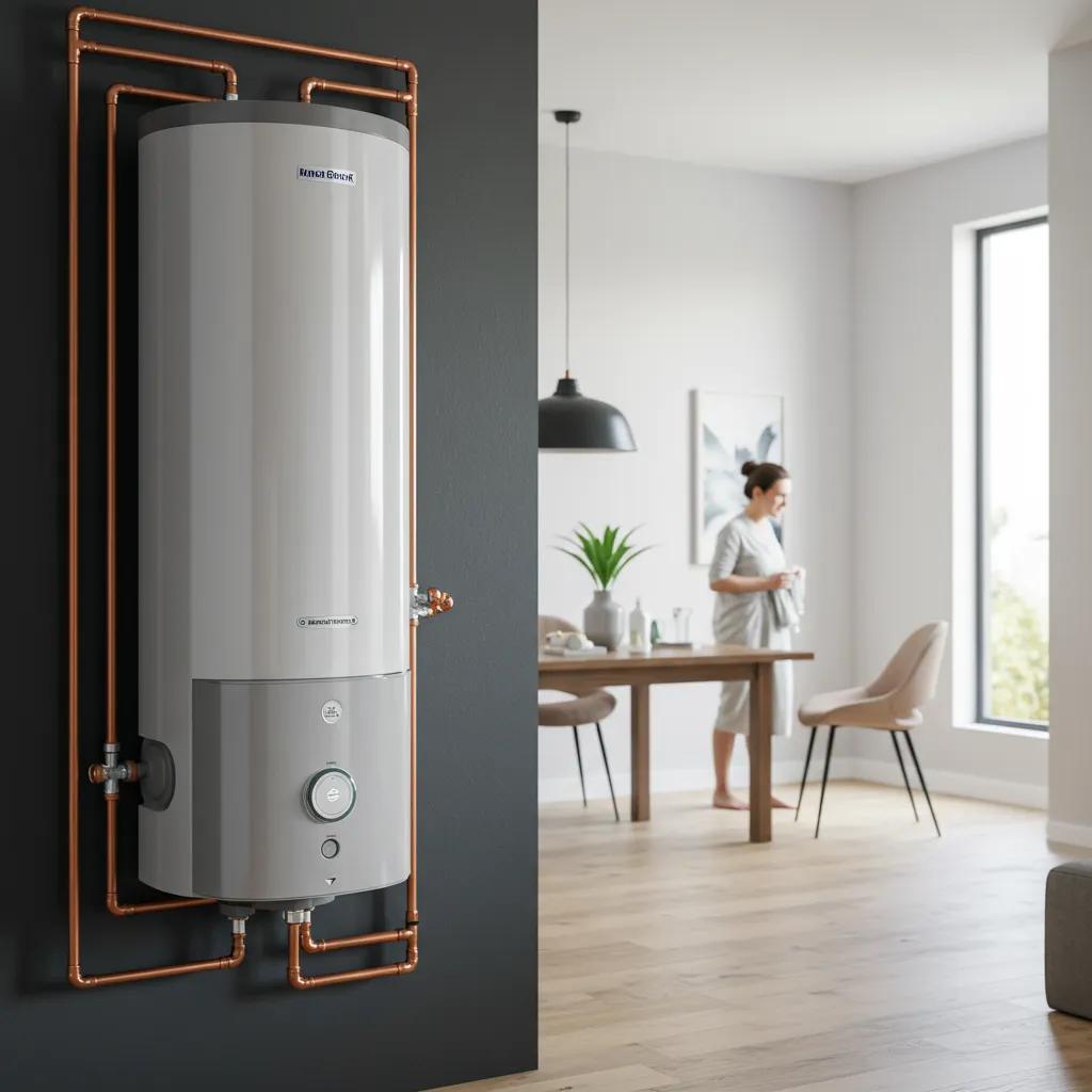 Modern energy-efficient water heater in a stylish home, highlighting comfort and energy savings