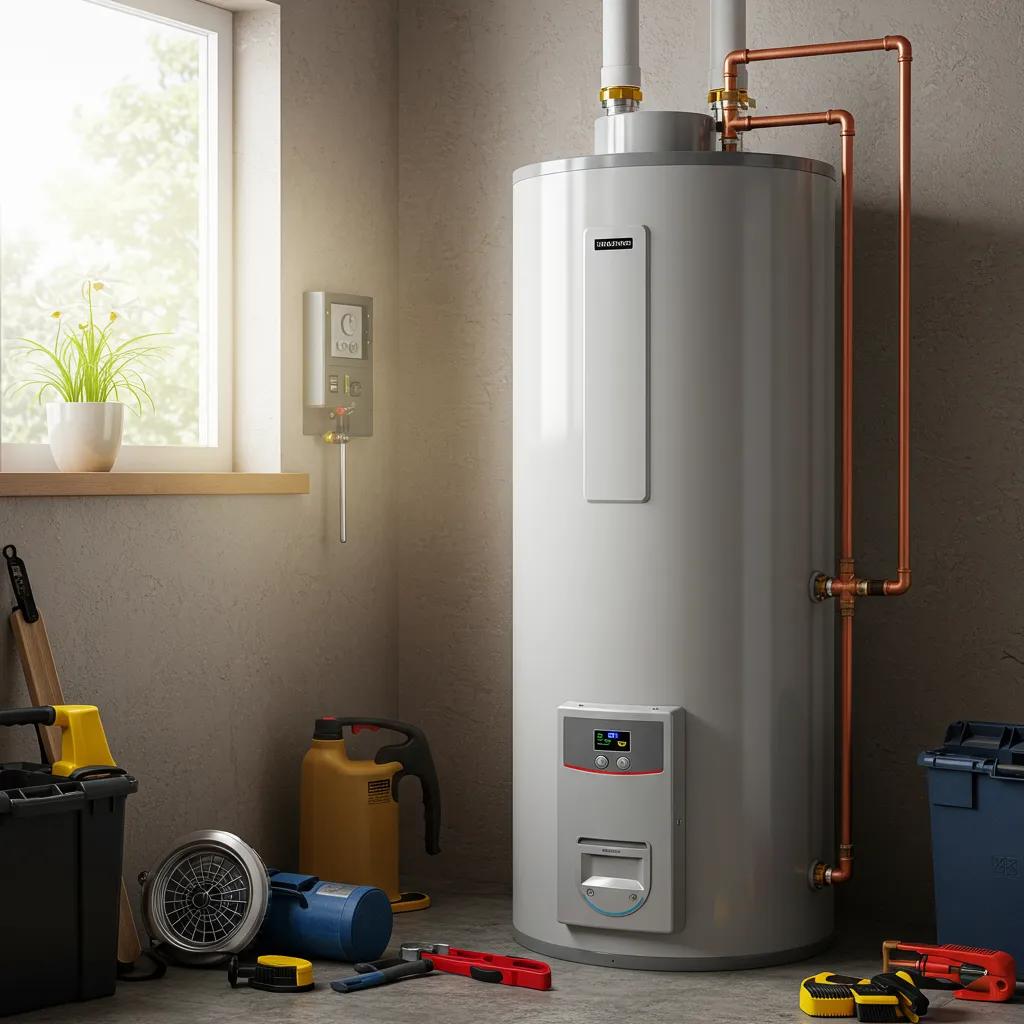Modern water heater in a home utility room, symbolizing comfort and safety