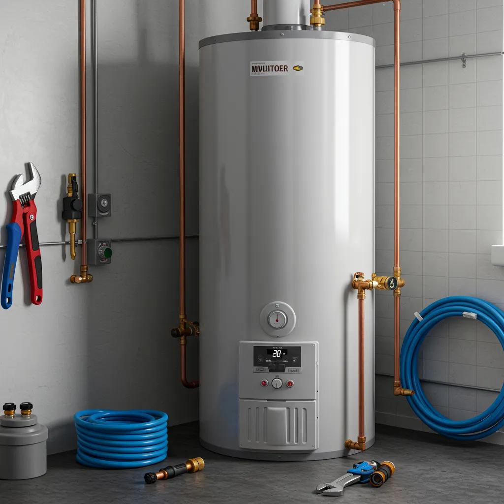 Modern water heater in a utility room with maintenance tools, emphasizing efficiency and care