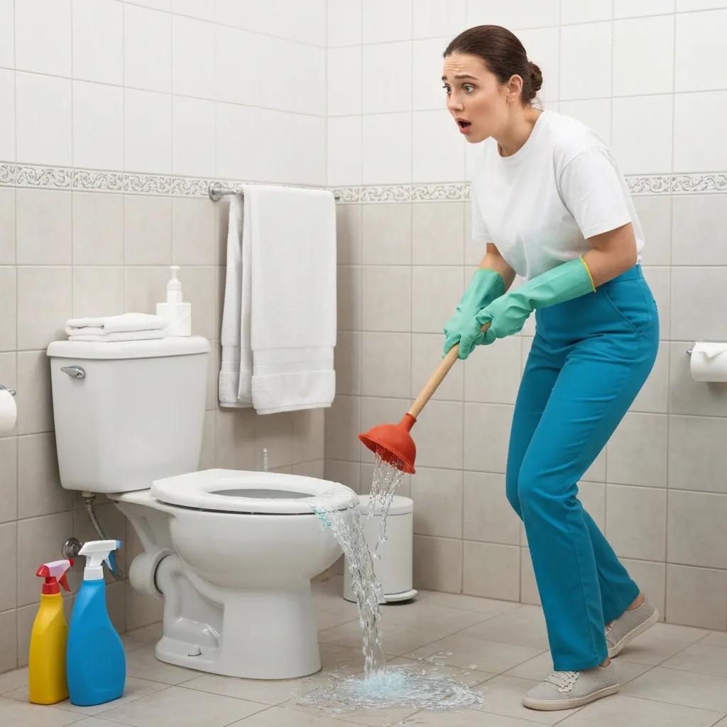 Homeowner dealing with a toilet overflow, demonstrating emergency response steps