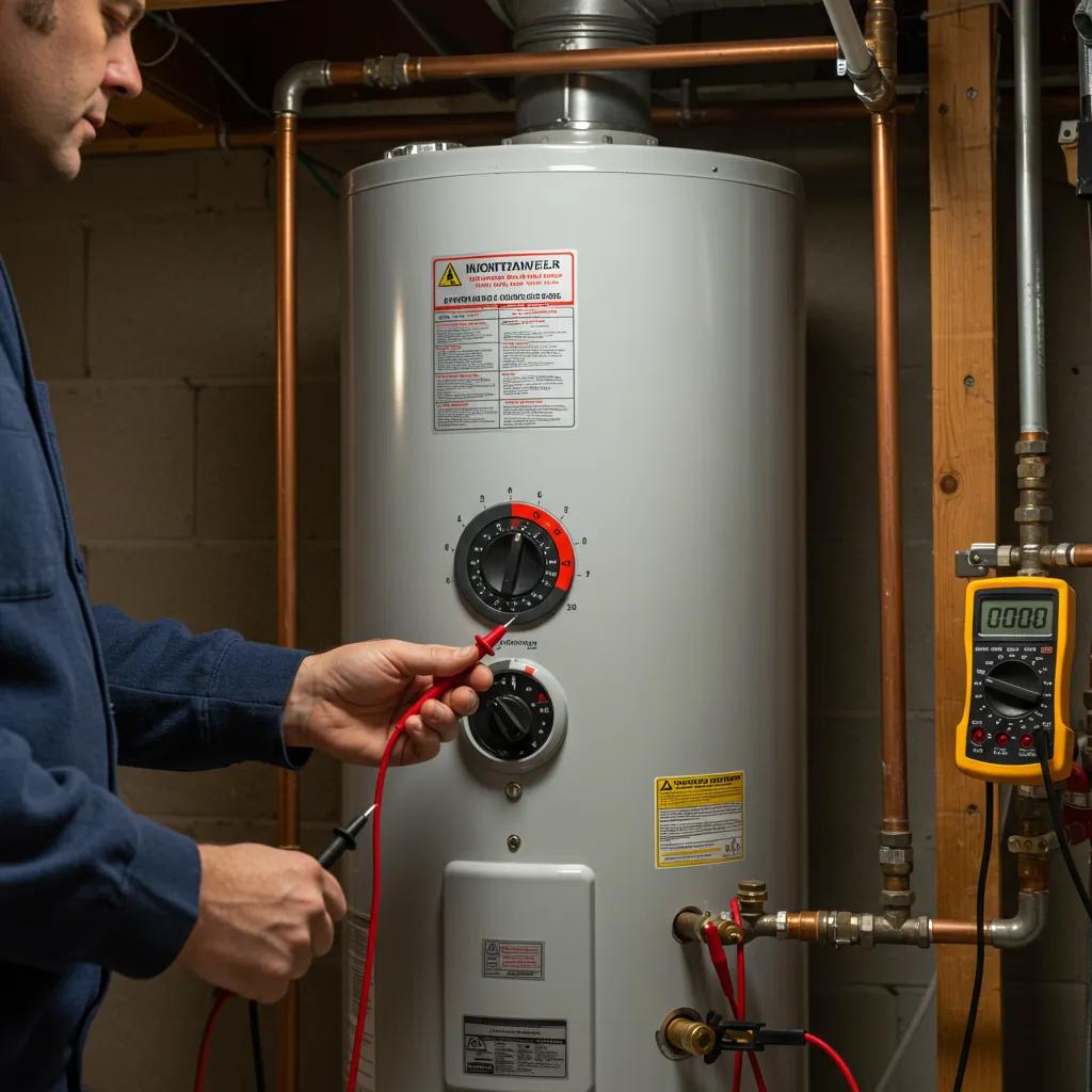 Person troubleshooting a gas water heater, checking settings with tools nearby
