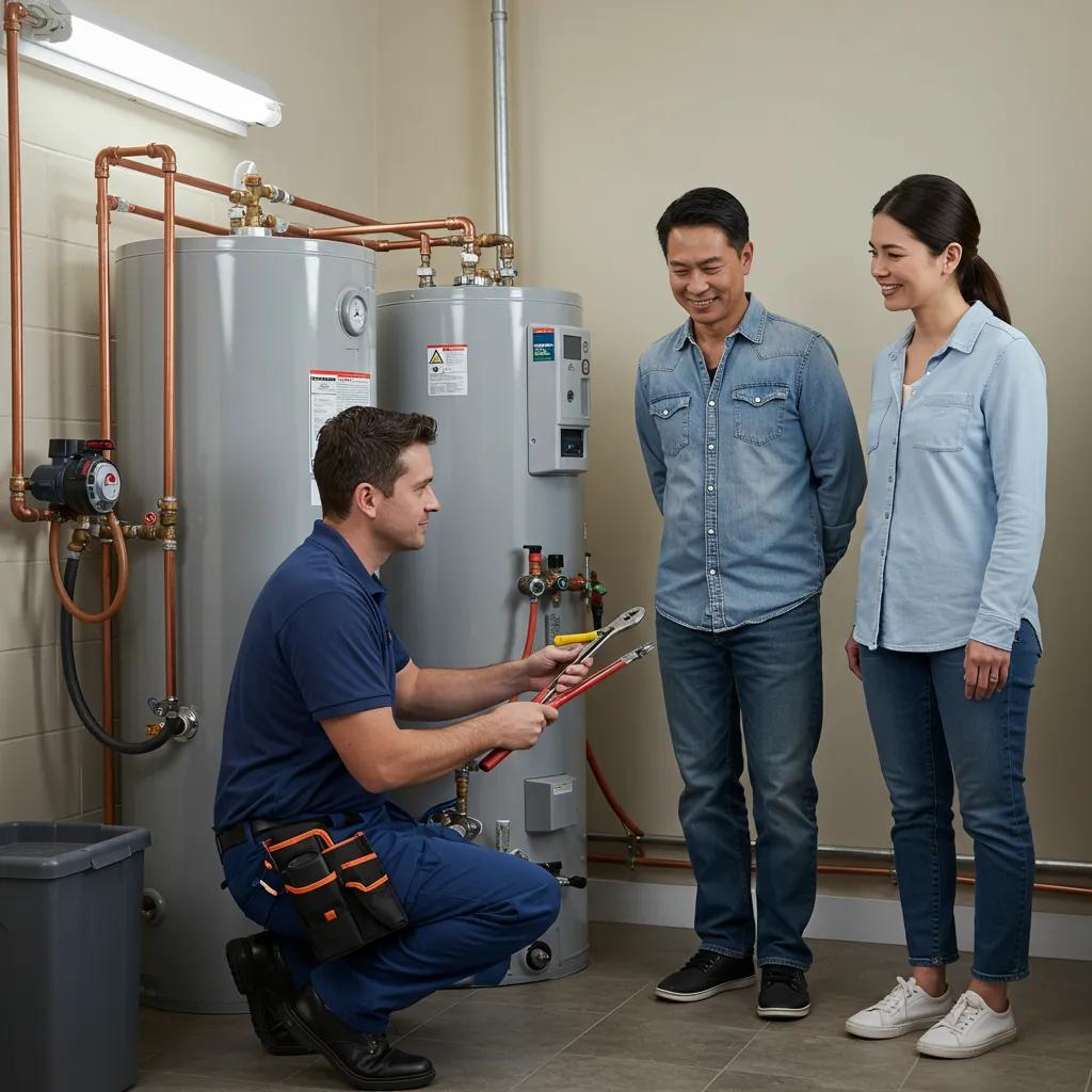 Plumber performing routine maintenance on a water heater, showcasing the advantages of preventative plumbing services