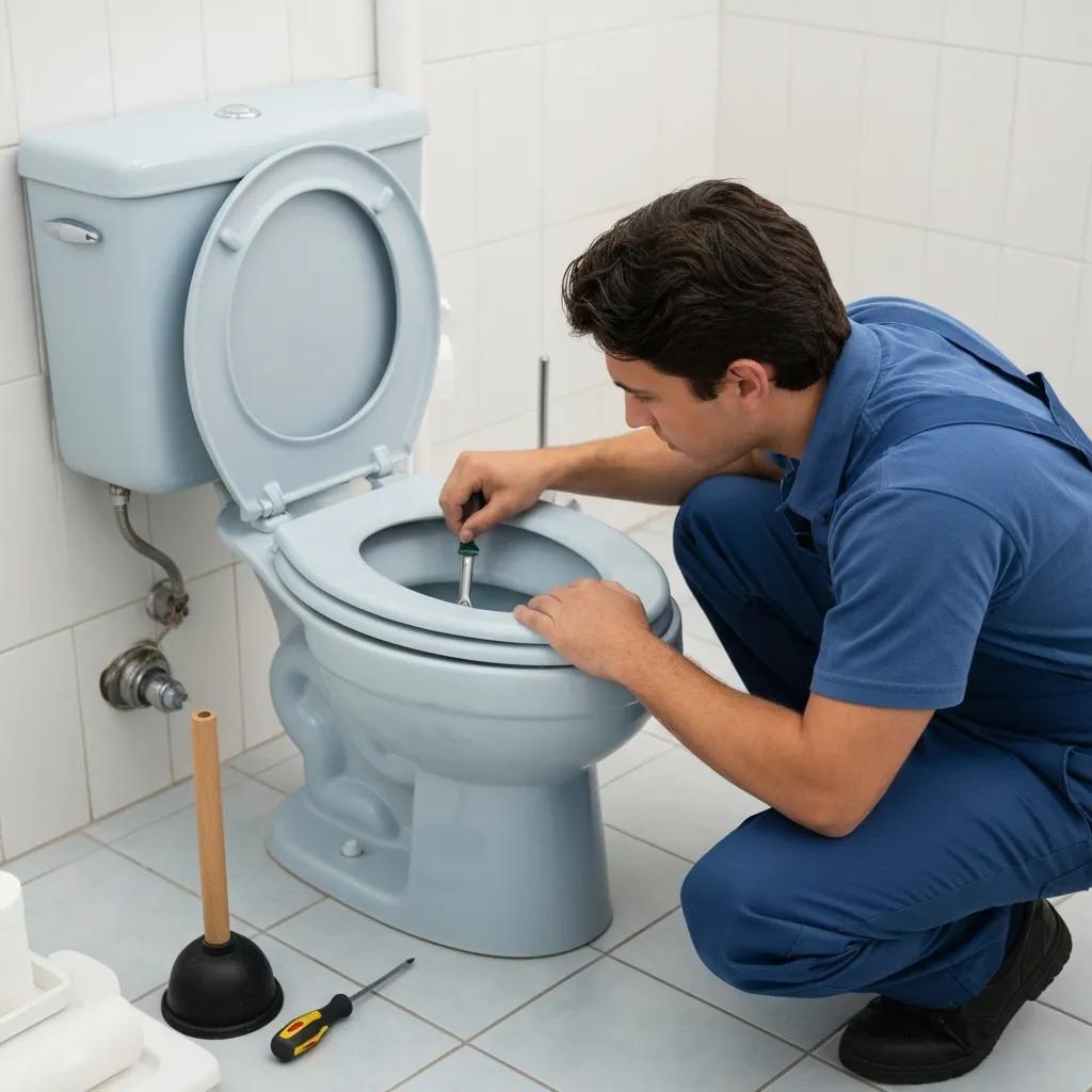 Technician diagnosing a residential toilet to identify the cause of an emergency