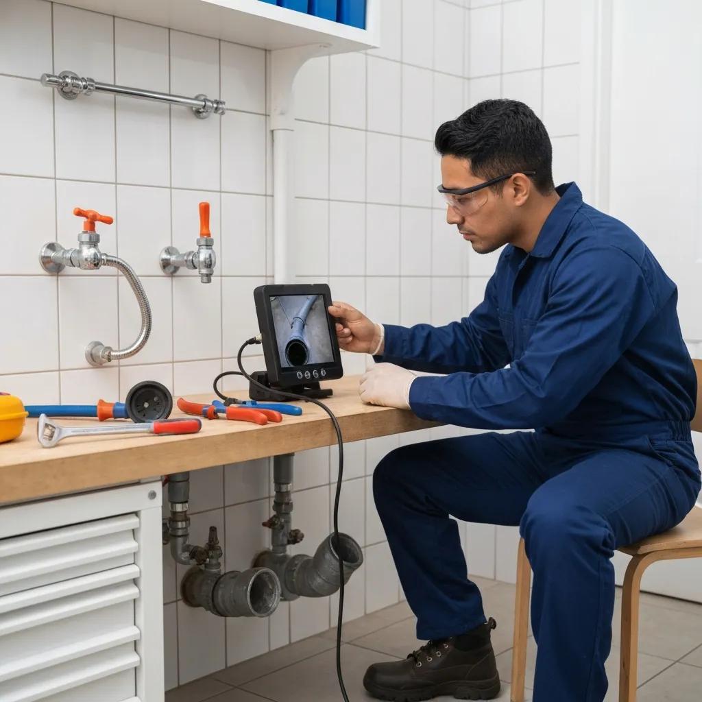 Technician using a sewer camera for inspection &mdash; advanced emergency plumbing services