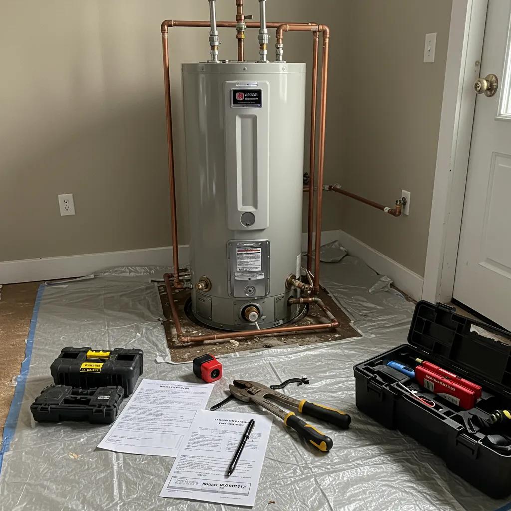 Prepared home workspace for water heater installation with tools and protective coverings