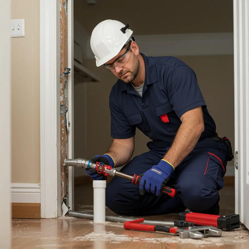Professional plumber addressing a burst pipe in a home, showcasing emergency plumbing services