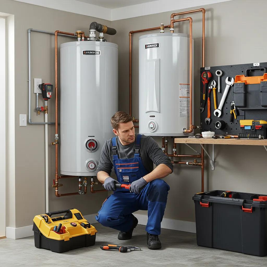 Professional plumber installing a modern water heater in a home utility area