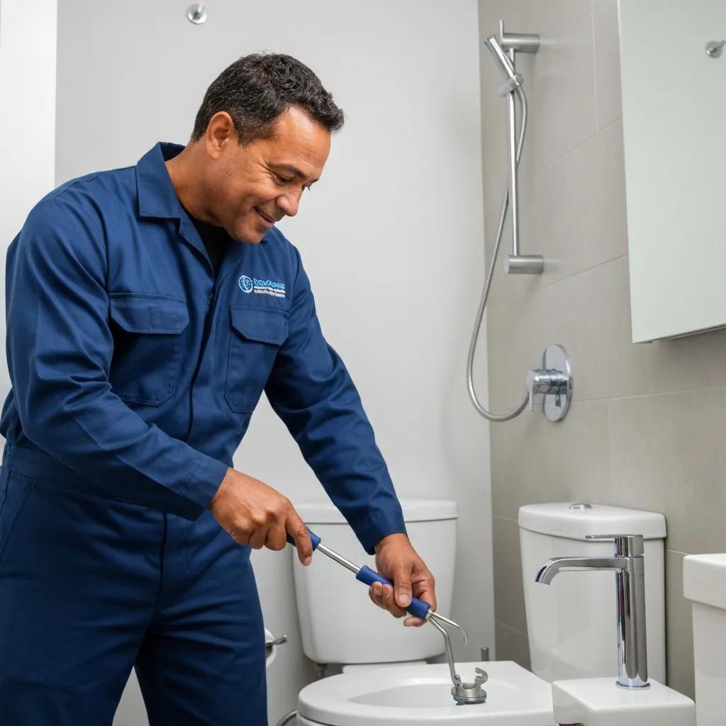 Professional plumber clearing a toilet in a modern bathroom — emergency toilet service
