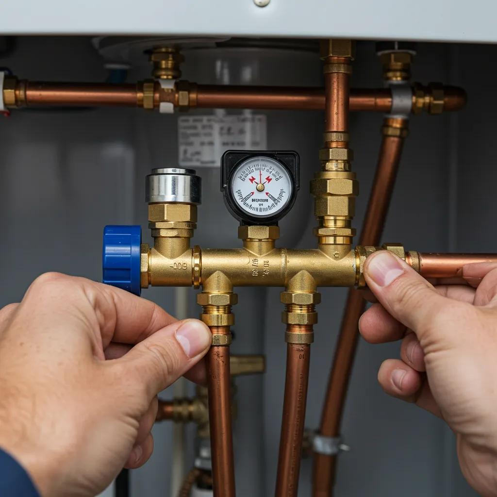 Technician connecting gas lines during water heater installation