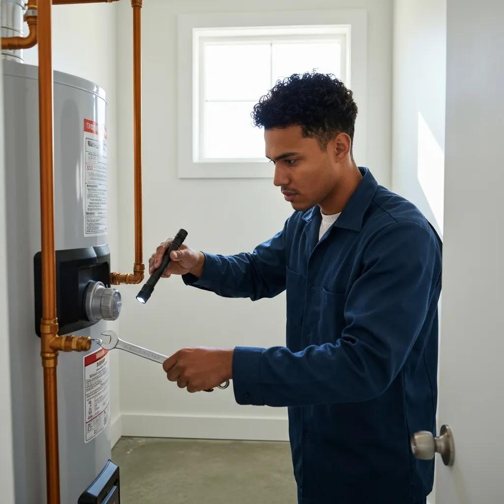 Technician checking a water heater during routine maintenance