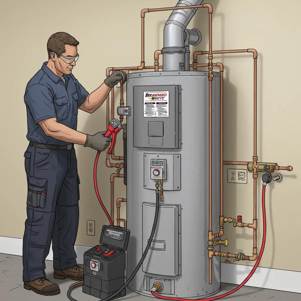Technician installing a Bradford White gas water heater, highlighting professional installation process