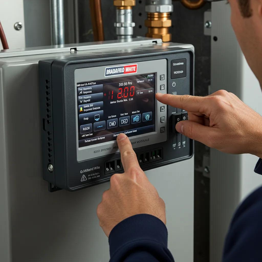 Technician interacting with Bradford White ICON System® control module, showcasing advanced technology