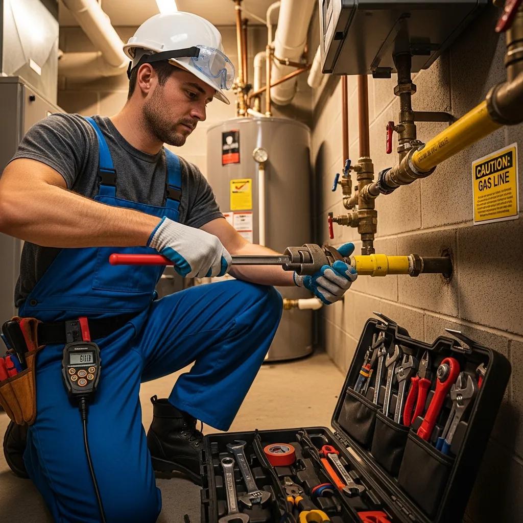 Certified plumber repairing a gas line in a utility room