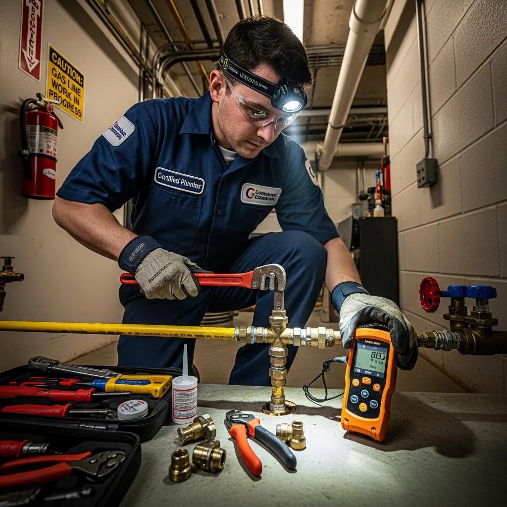 Certified Anytime Rooter plumber repairing a gas line using specialized tools