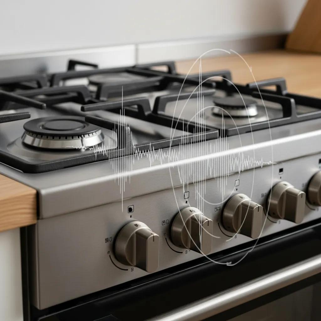 Close-up of a gas stove with sound waves — listening for hissing that signals a leak