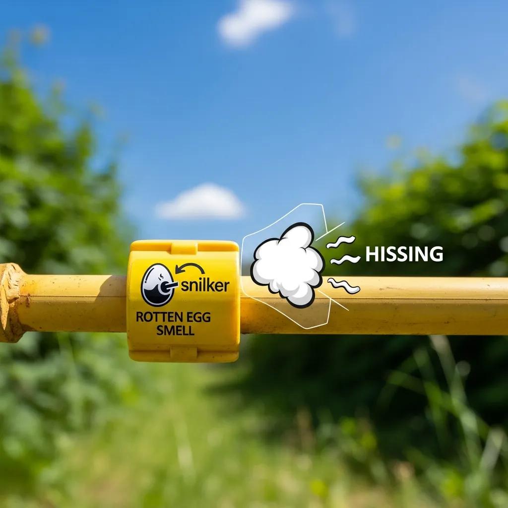 Gas line close-up with indicators for smell and hissing sounds